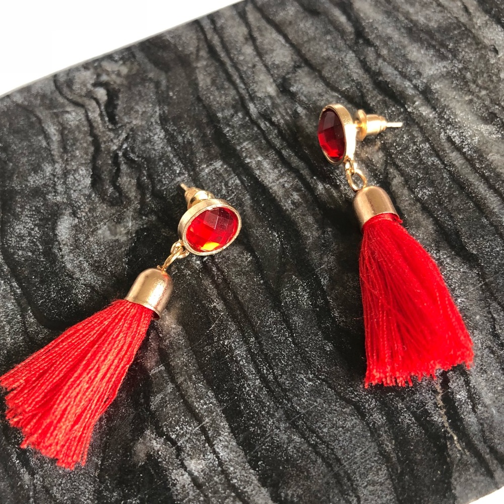 Fashion Tassel Earrings, Gold & Red, NWT